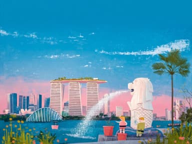 Marina Bay Sands and the Merlion, looking across the bay