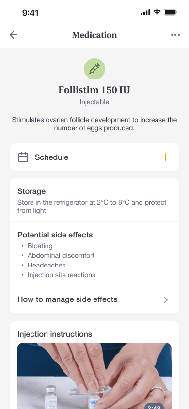 Medication detail page — storage, side effects, and injection instructions for Follistim 150 IU