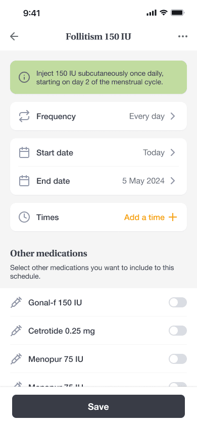 Setting a medication schedule — Follistim 150 IU with frequency and start/end dates