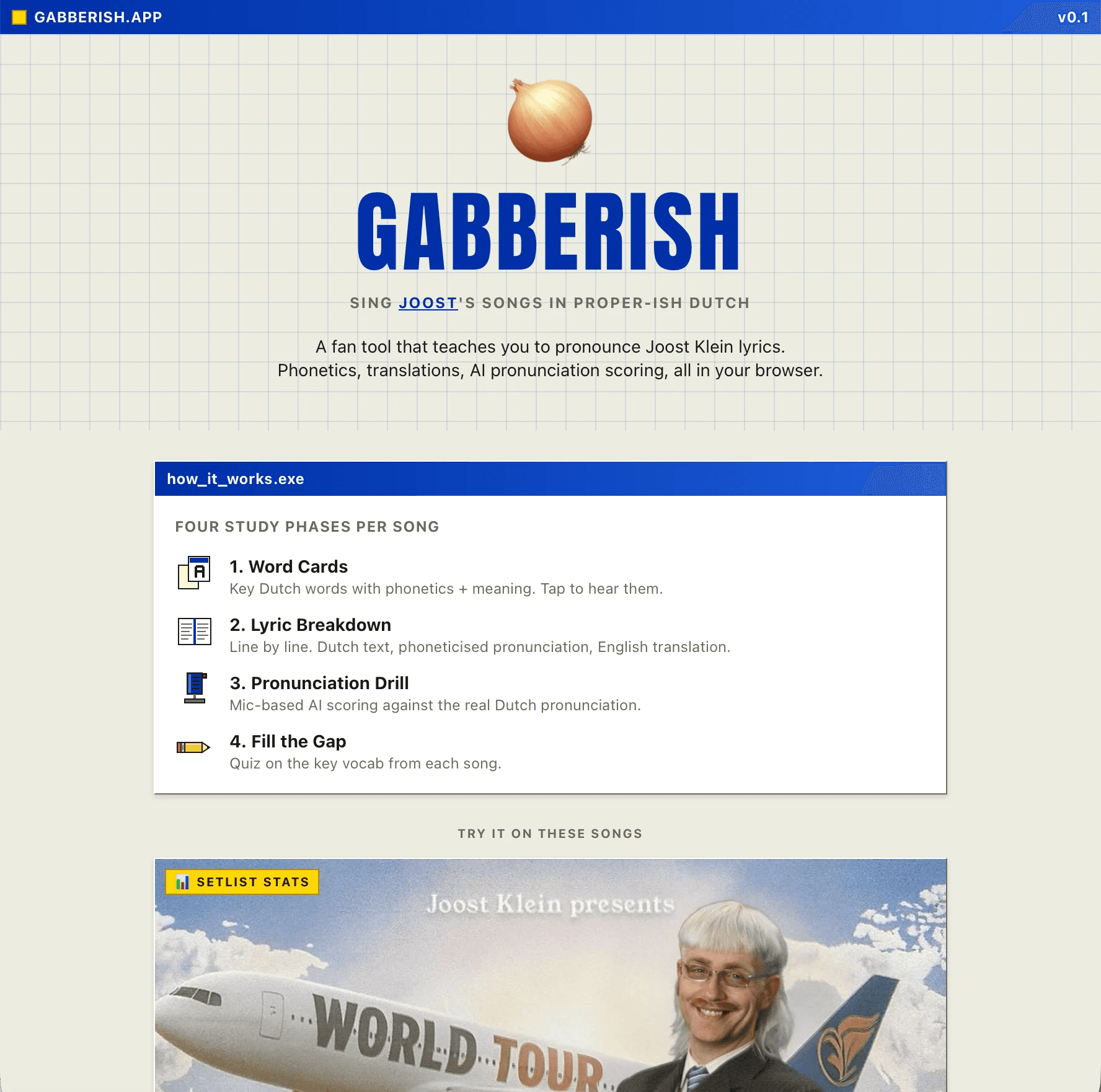 Dutch lyrics study app homepage