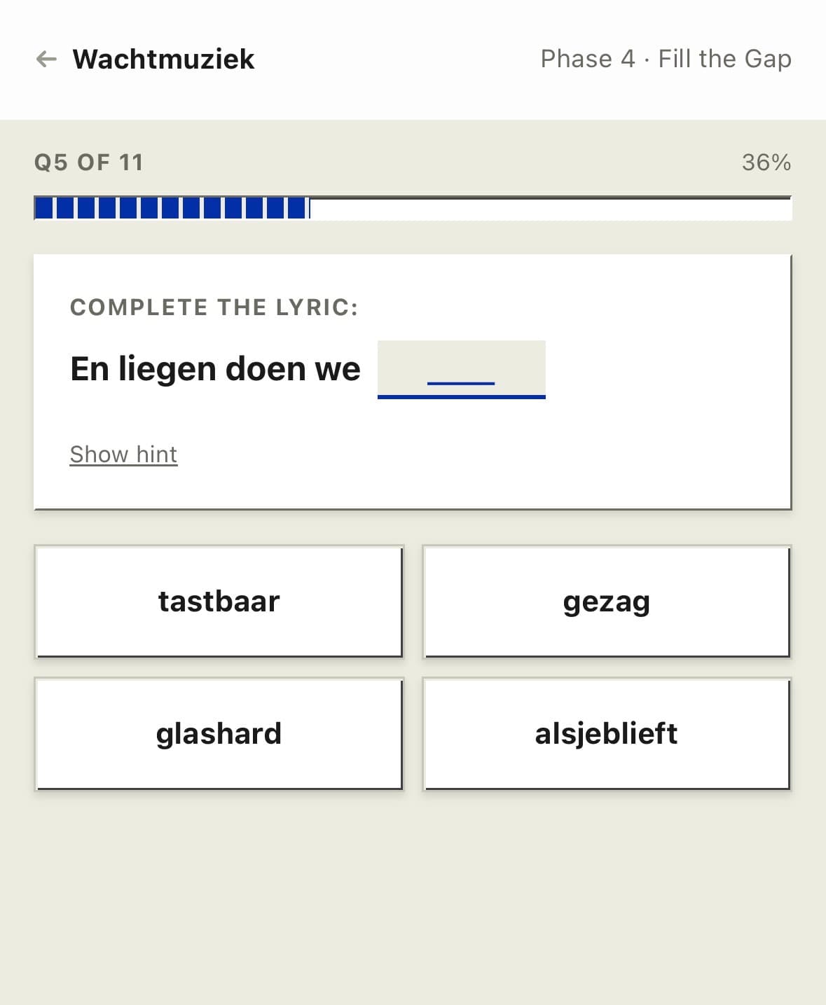 Fill-the-gap vocabulary quiz, one question mid-song