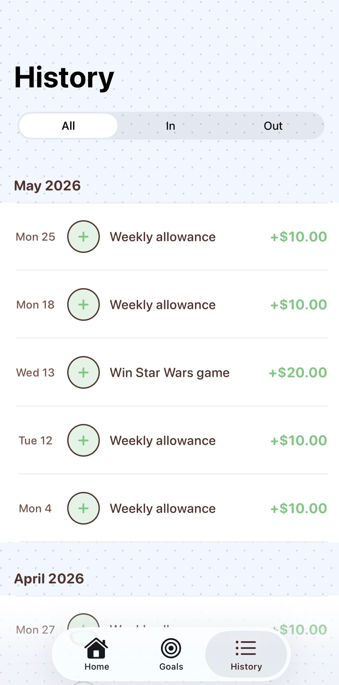Bunny Bank — transaction history with allowance and reward entries