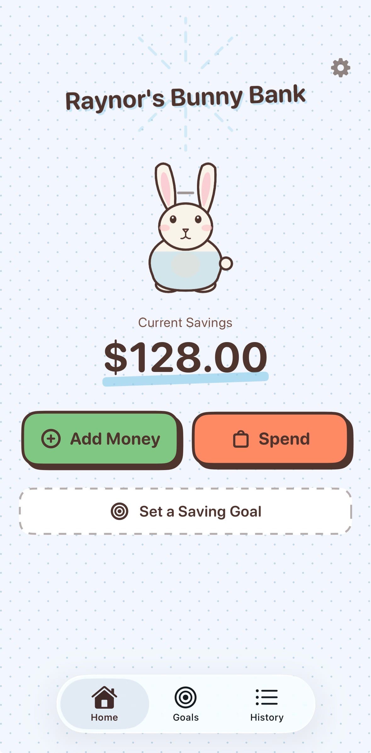 Bunny Bank — kid's savings home screen with bunny mascot and $128.00 balance
