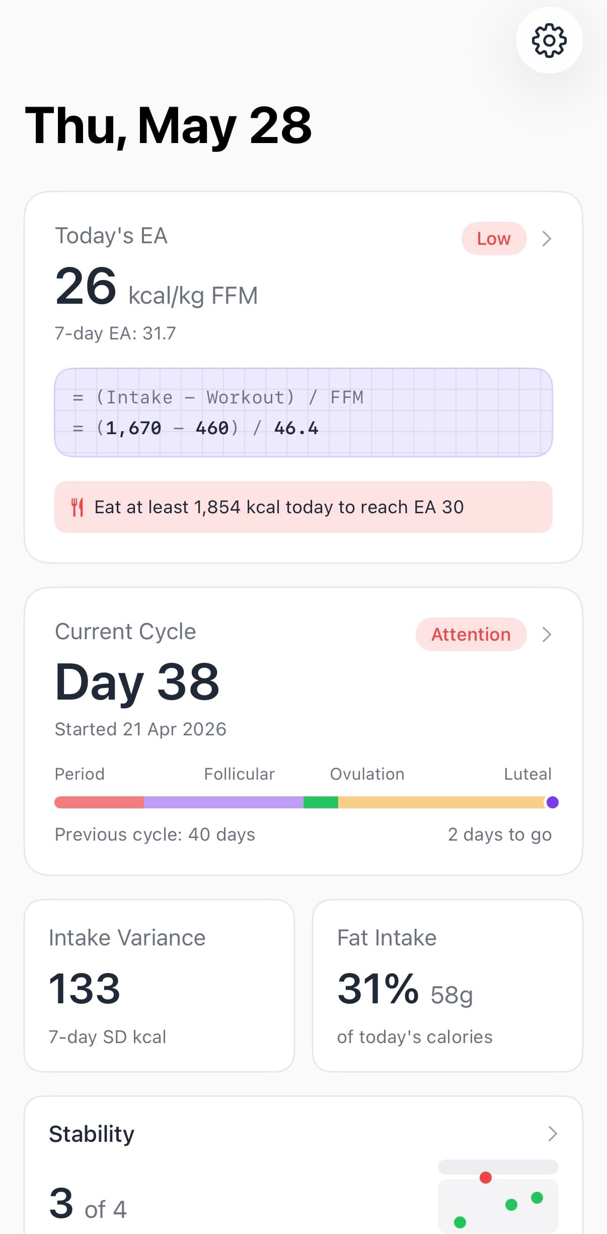 EA tracker — today's energy availability dashboard with intake/workout breakdown