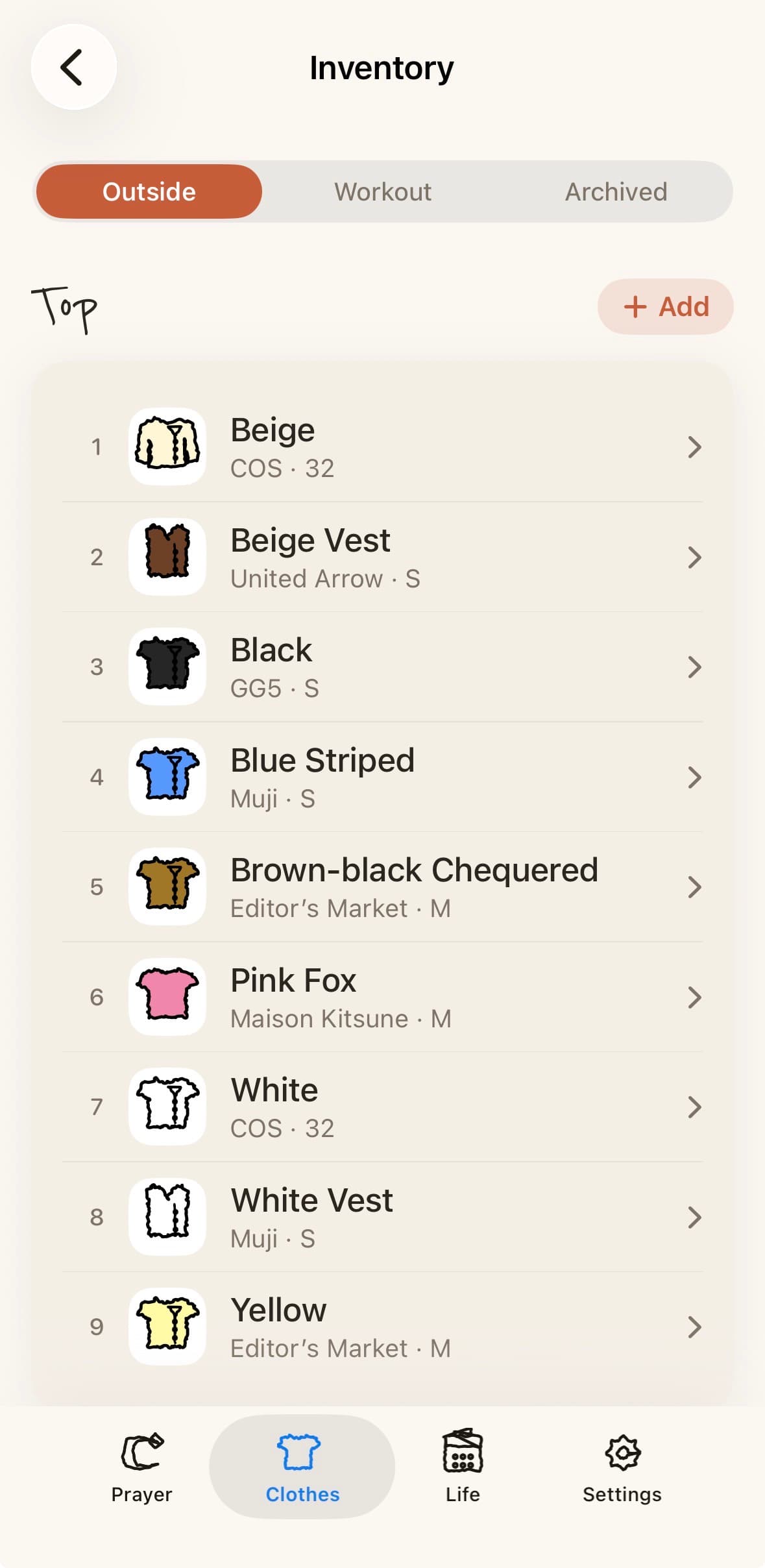 Clothes-tracking app — inventory list of tops