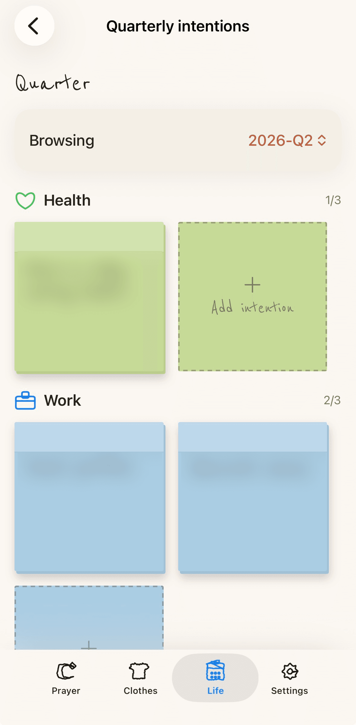 Life-sorting app — quarterly intentions screen with sticky notes