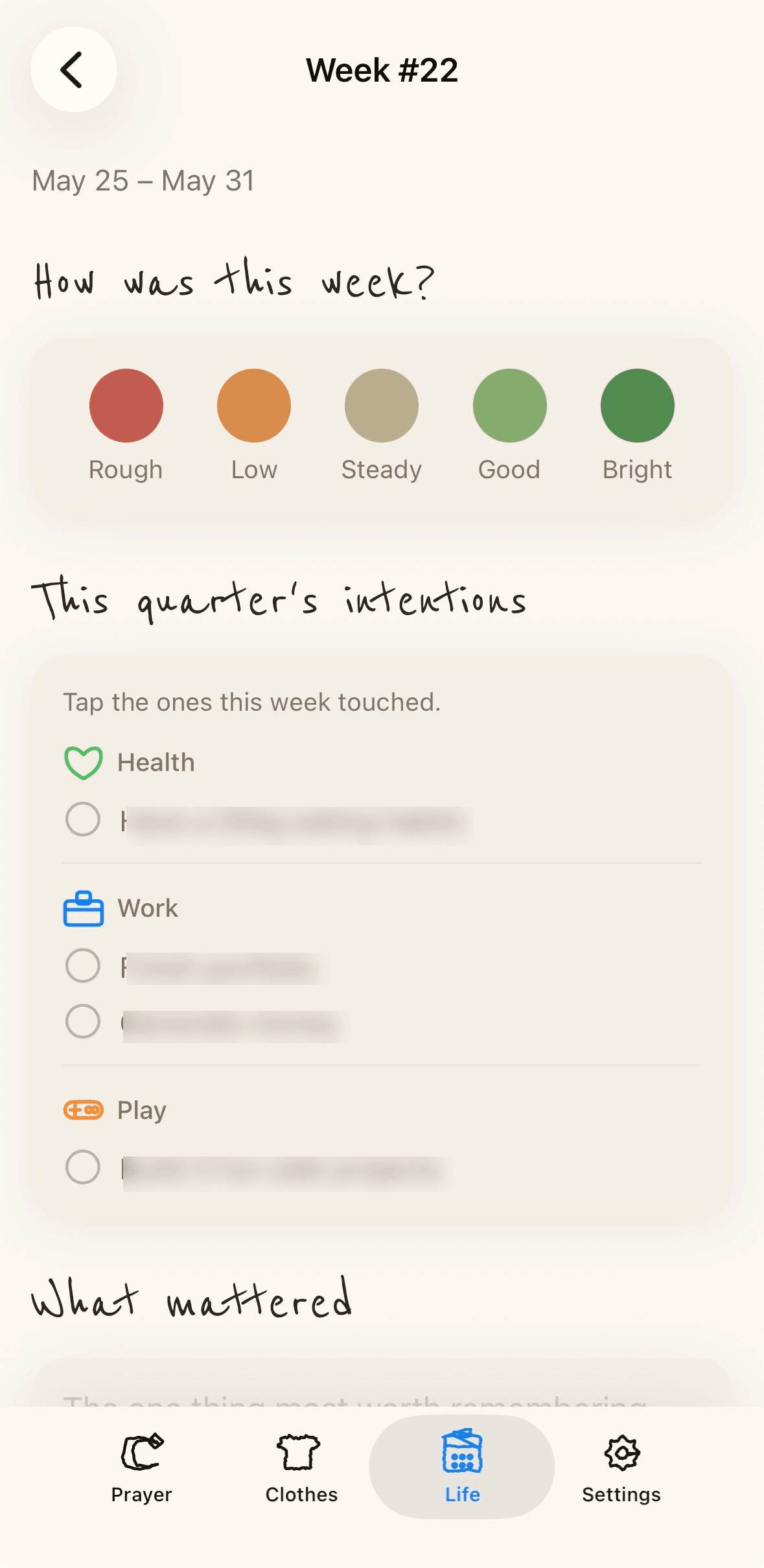 Life-sorting app — weekly reflection with quarter-tied check-ins