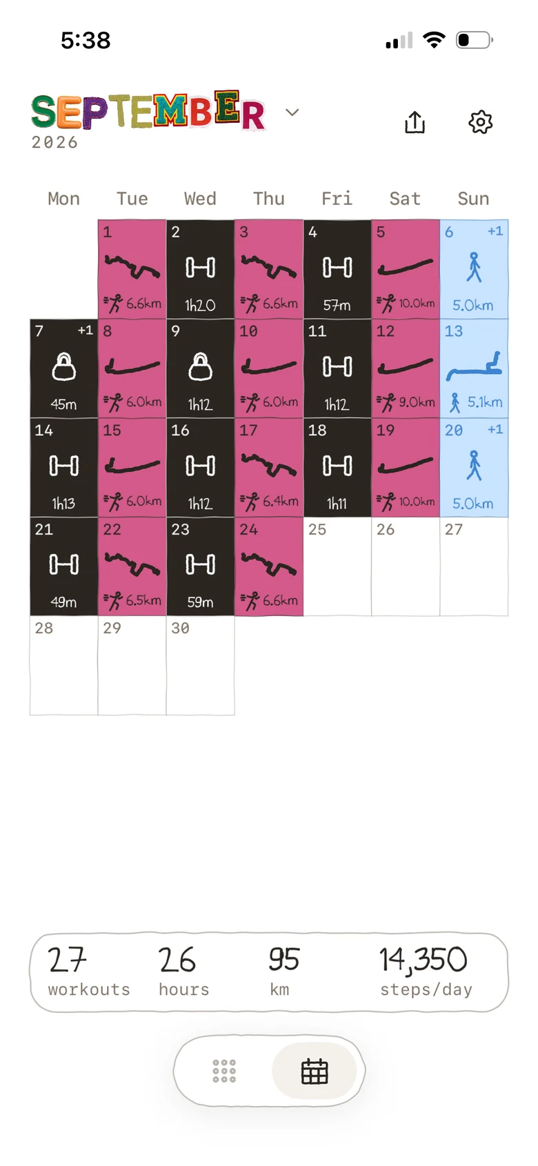 September as a calendar, each day drawn as its workout