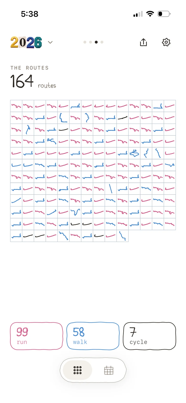 Every route of the year, drawn small in a grid