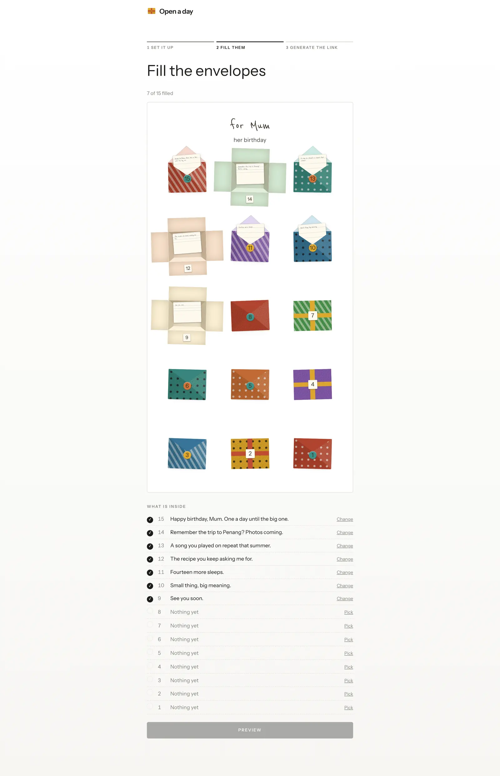 Seven of fifteen envelopes filled