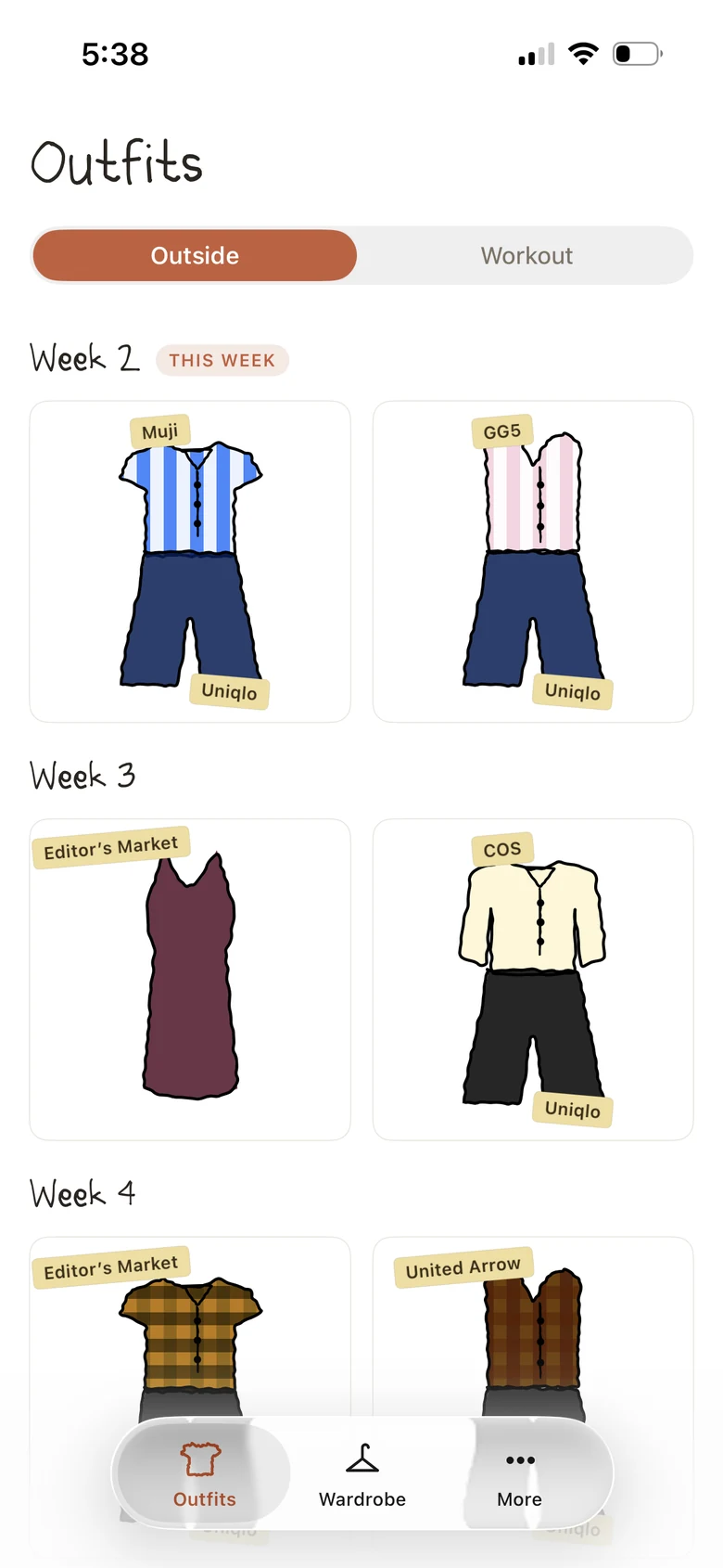 Outfits by week, drawn as the garments themselves