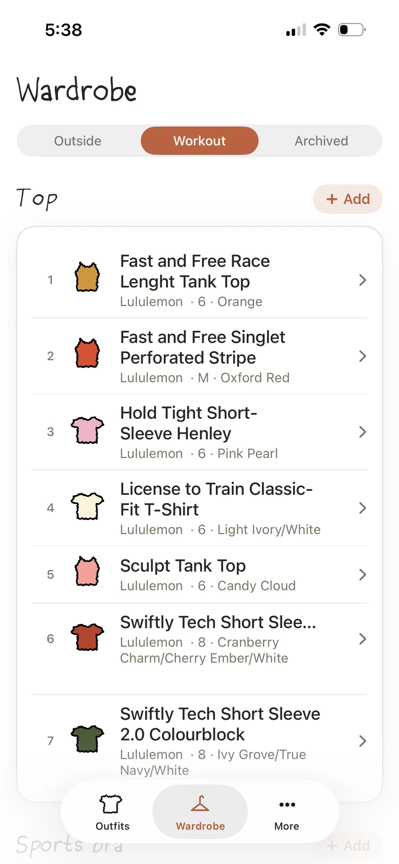 Every workout top I own, by kind